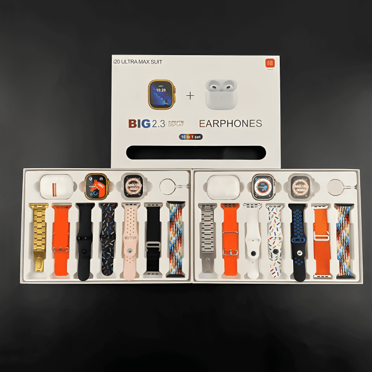 I20 Ultra Max suit Smart Watch 10 in 1 box 2.3inch large screen with 7 strips smartwatch With Earbuds